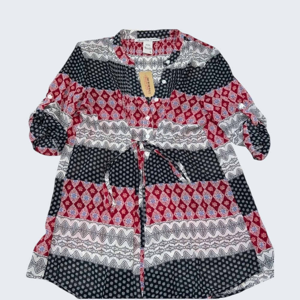 American Rag Womens Red Black Mixed Print Roll Tab Sleeve‎ Tunic Top Large NWT